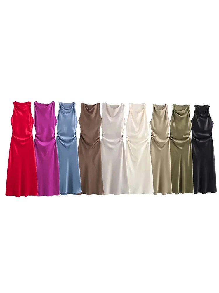 Zadata Dames Nieuwe Slim Fit Ronde Hals Mouwloze Geplooide Decoratieve Zijden Satijnen Midi Jurk