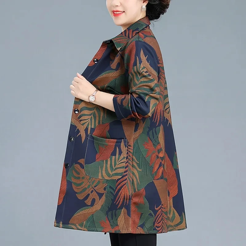2025 primavera outono novo blusão feminino moda casaco impressão jaqueta de meia-idade idosa feminino meio blusão longo casaco