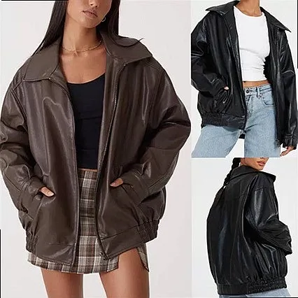 PU Leather Motorcycle Coat Women Vintage Biker Jacket Zip Up Loose Collar Casual Outerwear