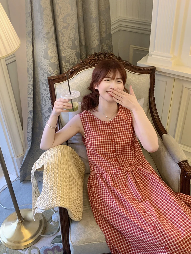 

Женский летний свободный пляжный жилет OKJJ в красную клетку, новый, длинный, красивый, с завышенной талией, А-силуэт