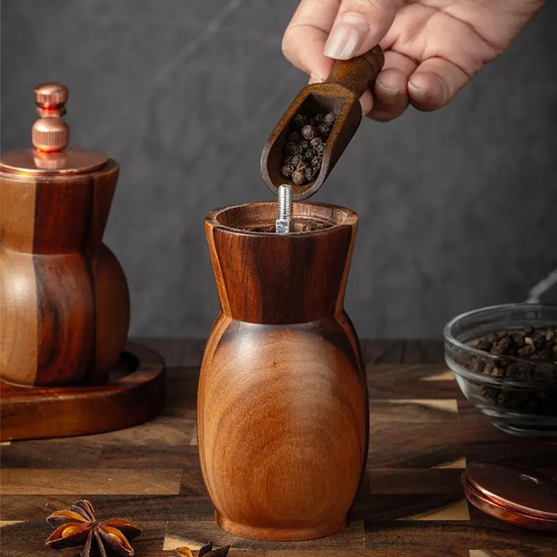 Hand Cranked Acacia Wood Salt Pepper Grinder Set Vase Black Pepper Grinder Rose Salt Mill with Base Salt Shaker Grinder BBQ Tool