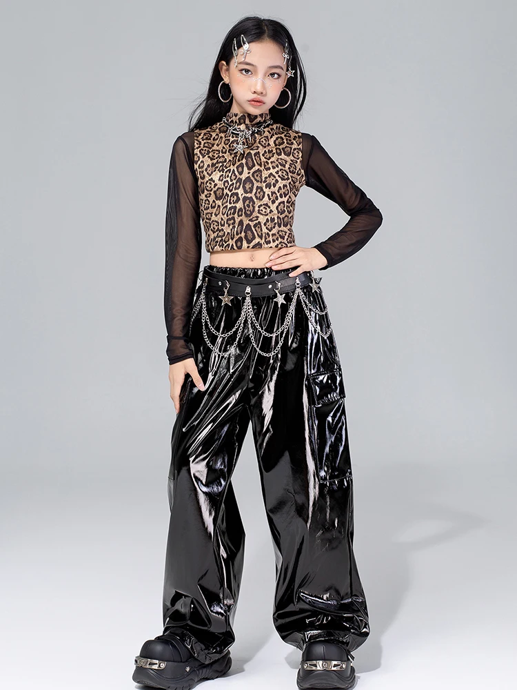 Vêtements de danse Jazz pour filles, gilet imprimé léopard, haut en maille, pantalon noir, mode Kpop, Costume de spectacle, vêtements de danse de rue, 4576
