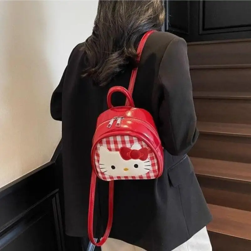 20Cm Sanrio Hello Kitty Red Grid Pattern Pu Leather Backpack Single Layer Zipper Large Capacity Storage Travel Girl Holiday Gift view 4