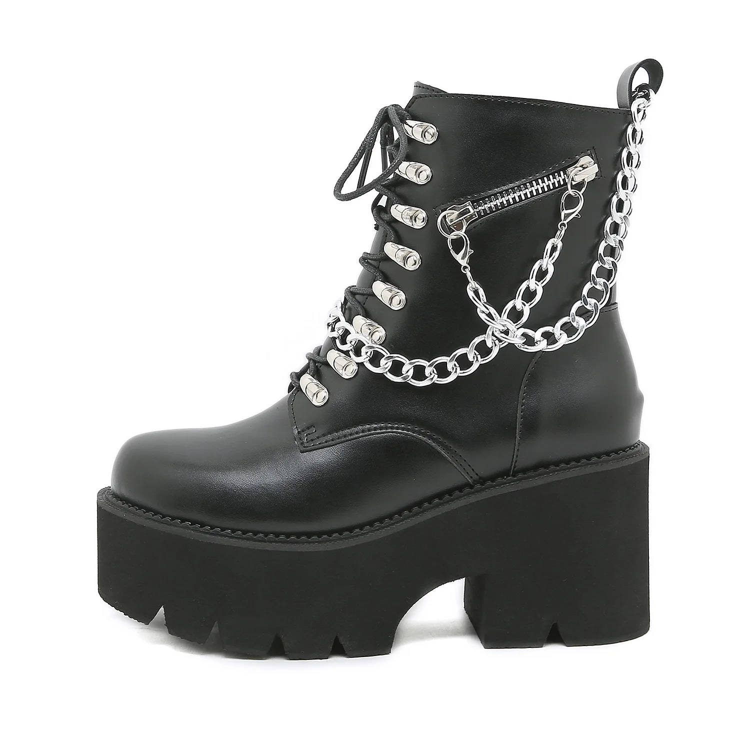 

Gothic Black Boots for Women Sexy Chain Chunky Heel Platform Boots Female Punk Style Ankle Boots Zipper