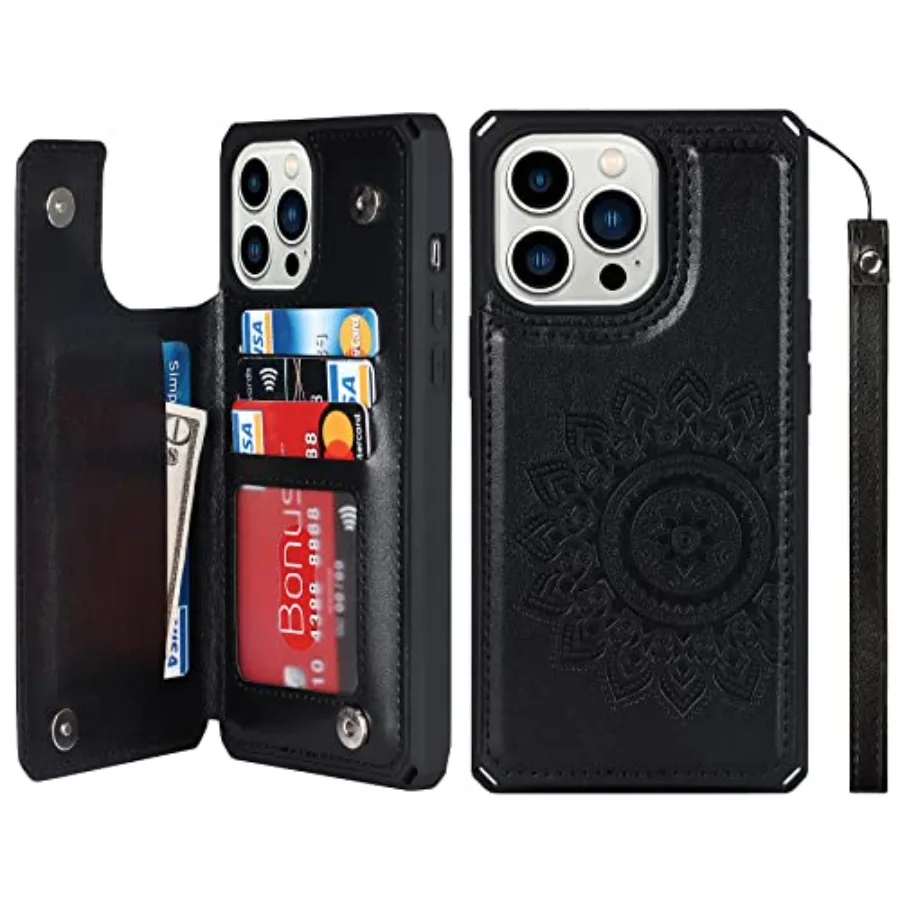 

Compatible with iPhone 13 Pro Max Wallet Phone Case with Card Holder for Women, RFID Blocking Embossed PU Leather Wrist Strap C