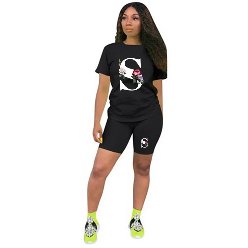 Conjunto de treino feminino com 2 peças, camiseta e shorts, impressão letra S, terno curto casual, roupa de jogging, alta qualidade, tendência luxuosa, verão