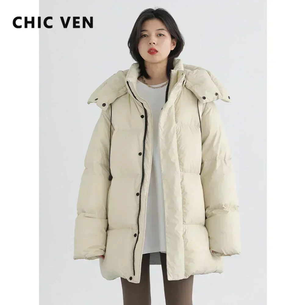 CHIC VEN Korean Women Down Coats Loose Stand Collar Hooded Mid Long 90 White Duck Down Jacket Female Overcoat Winter Women 2025