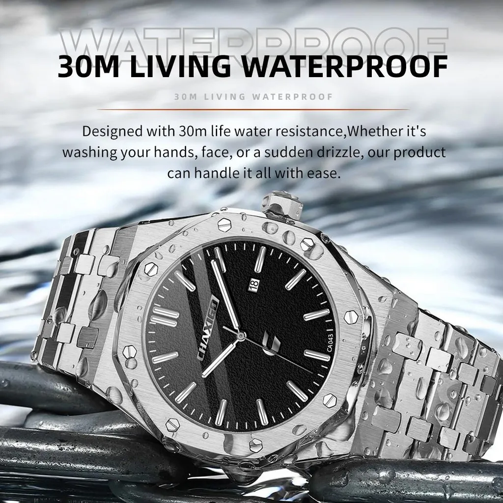 

CHAXIGO Men's Classic Stainless Steel Business Casual Watch, 3ATM Water Resistant, Luminous Hands, Quartz Date Display.