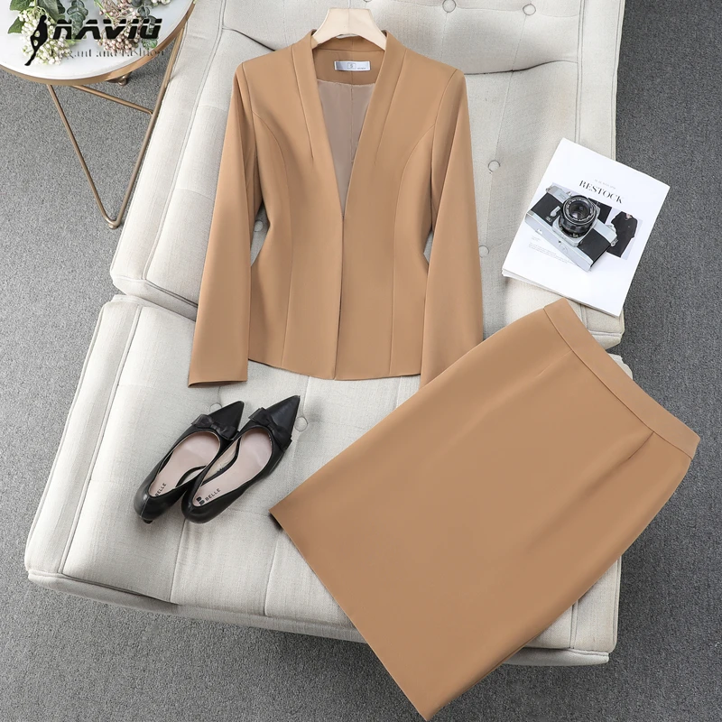 Navu elegante feminino ternos novo outono temperamento com decote em v fino manga longa fino blazer e saia escritório senhoras trabalho wear cáqui