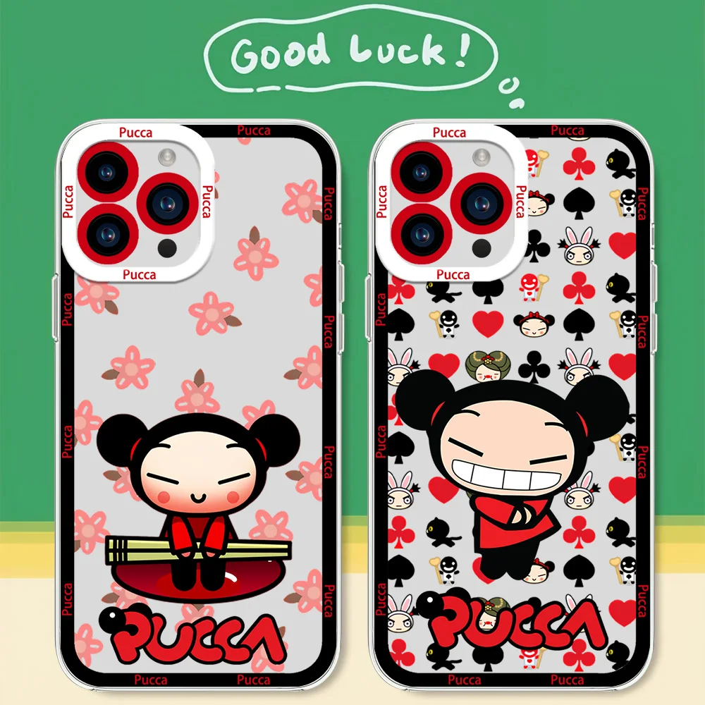 MINISO P-Pucca Cute Garu Cartoon Phone Case for Samsung S24 S23 S22 S21 A55 A54 A35 FE PLUS ULTRA Transparent Bezel Shell