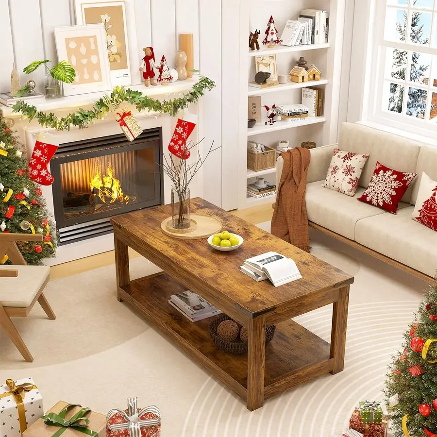 Coffee Table with Storage Shelf, 43.3 Farmhouse Wood Coffee Tables for Living Room, Modern Center Tea Table, Rustic Brown