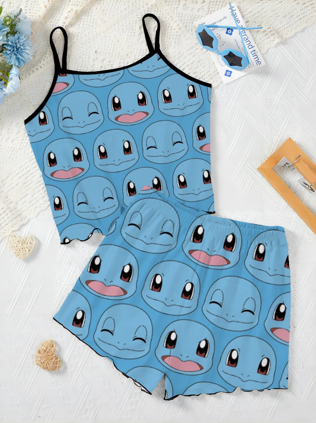 Charizard Short Sets for Women 2 Pieces Top Slip Dress Squirtle Women's Suit Pajama Skirt Lettuce Trim Pokémon Elegant Home Top