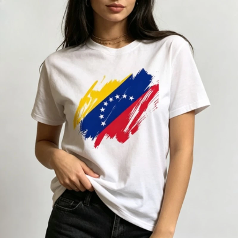 Women Cotton Crew‑neck Short‑sleeve T‑shirt Venezuela Brush‑Stroke Flag Patriotic Graphic Casual Summer  Streetwear Daily Tops
