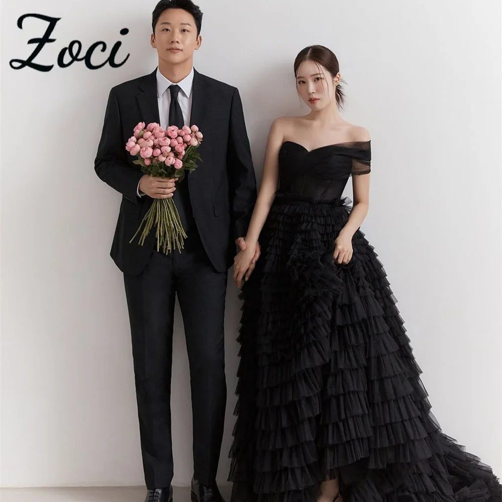 

Zoci Luxury Tiered Tulle Korea Evening Dresses Black One Shoudler Formal Gown Customized Corset Wedding Photos Shoot Dress 웨딩드레스