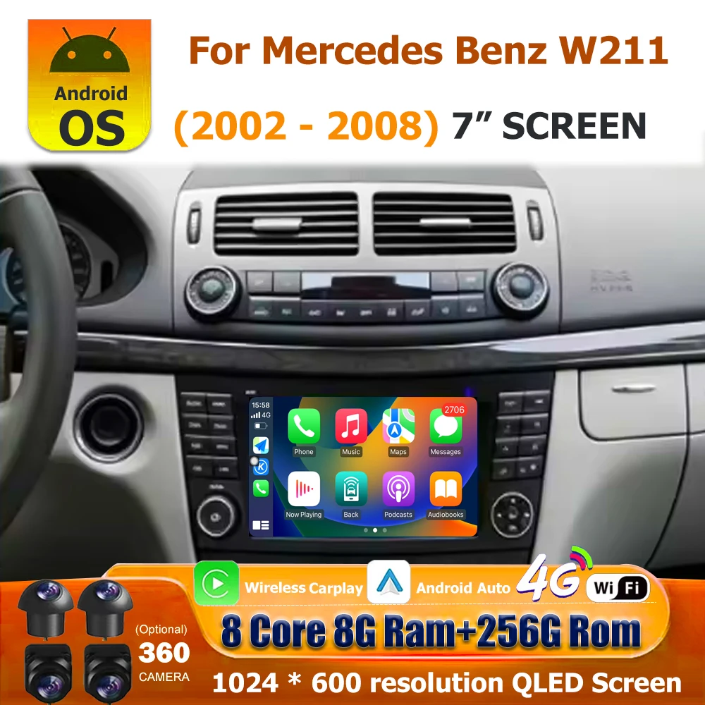 Wireless Carplay For Mercedes Benz W211 2002-2008 Android 16 Auto Car Radio Multimedia Video Player GPS Navigation Tools 4G WIFI
