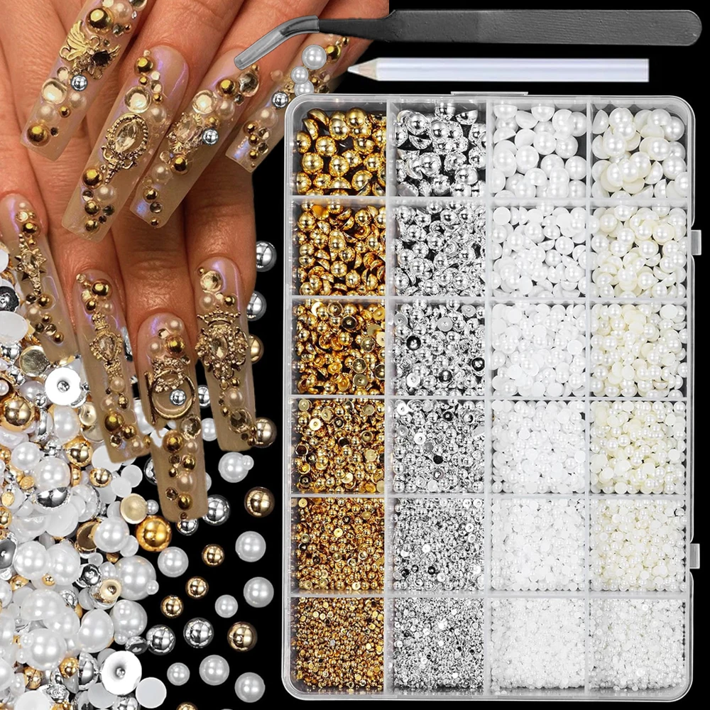 24Gitter gemischte halbrunde Perlen Nagel Strasssteine 3D Metall Gold/Silber/Weiß/Milchiger Nagel Charm 2-8mm Flatback Kaviar Bead Nail Dec