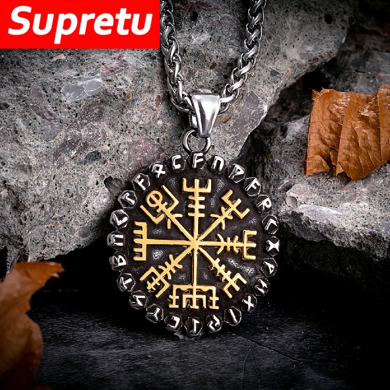 Never Fade Mens Viking Compass Necklaces Double-sided Nordic 24 Runes Pendant Trident Amulet Antique Stee Scandinavian Jewelry