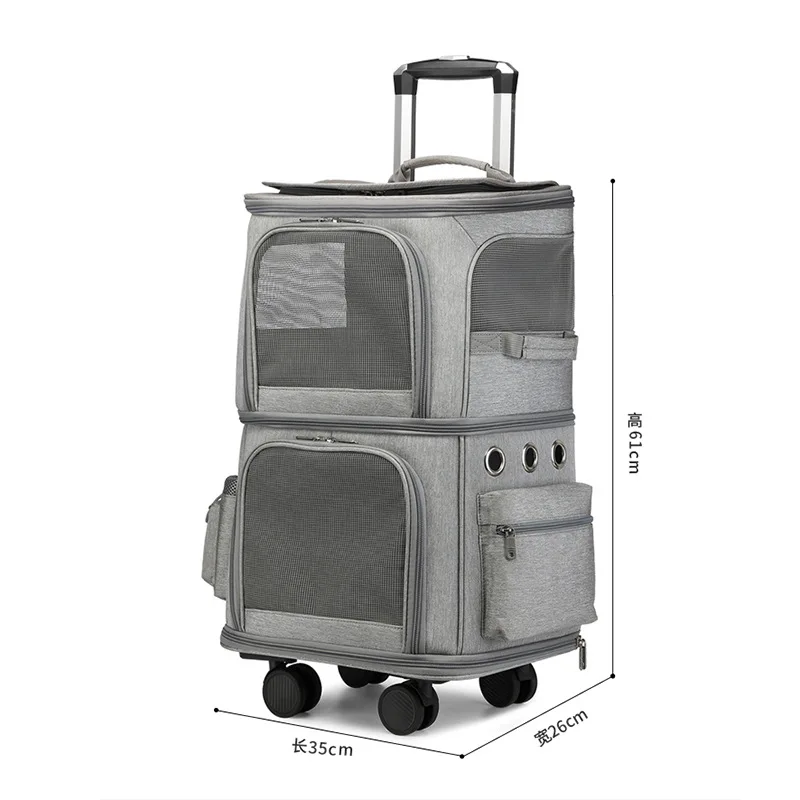 ​Double Layer Pet Carrier with Wheels - Large Foldable Cat Dog Travel Trolley Bag, Multi-Window Breathable Design for 2 Pets