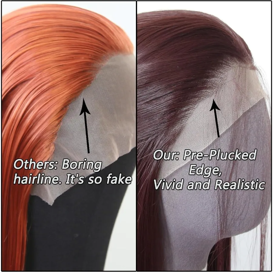 Peruka 99J Długa Prosta Bordowa Syntetyczna Peruka typu Lace Front z Wstępnie Wyskubaną Linią Włosów dla Kobiet Modnych, Odporna na Ciepło, Bezklejowa Syntetyczna
