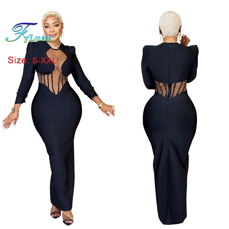 Lange jurk pure mesh patchwork dames lange jurk sexy bodycon doorzichtige volledige mouw stretch bodycon party club vakantie outfit