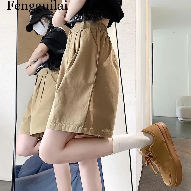 2026 Summer Women Casual Daily Khaki Short Pants Female High Waisted Cargo Shorts Girls Retro Baggy Wide Leg Slacks view 3