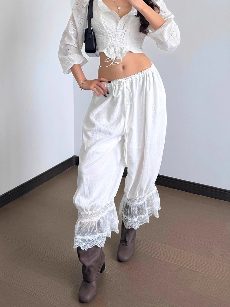 Harajuku Lace Patchwork Bell-bottoms Women Elastic Waist Drawstring Seven-inch Trousers Y2k Aesthetic Grunge See Through Pants