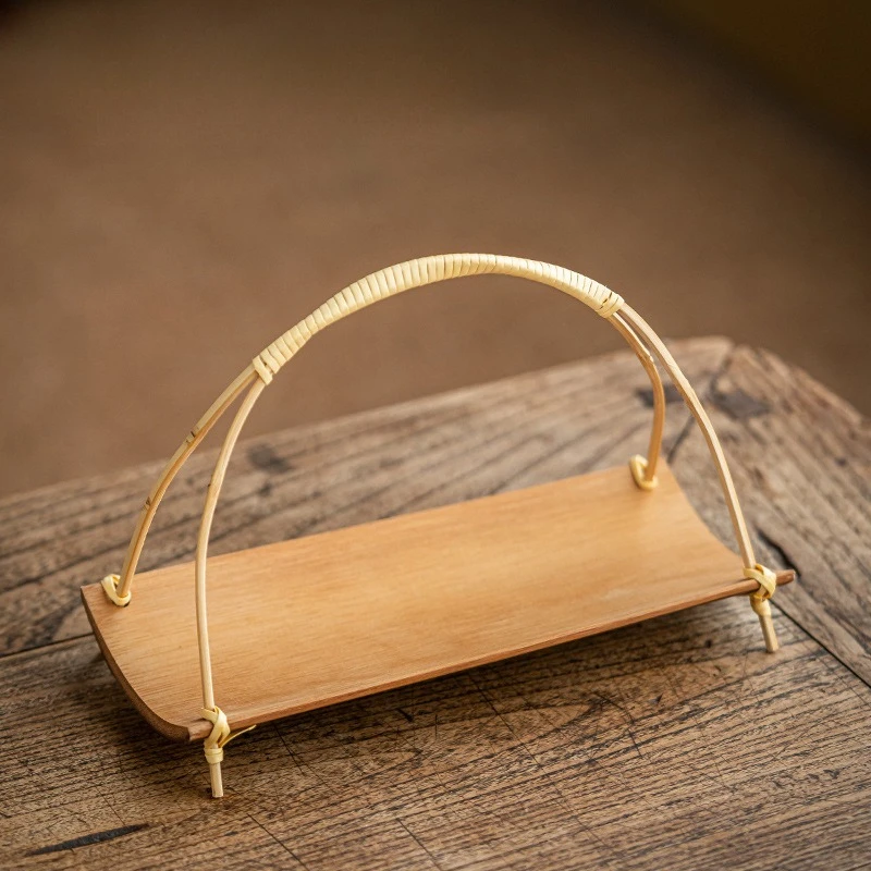 Handmade Bamboo Basket With Handle Towel Holder Mini Snack Dried Fruit Plate Oriental Kung Fu Tea Ceremony Pastry Serving Tray