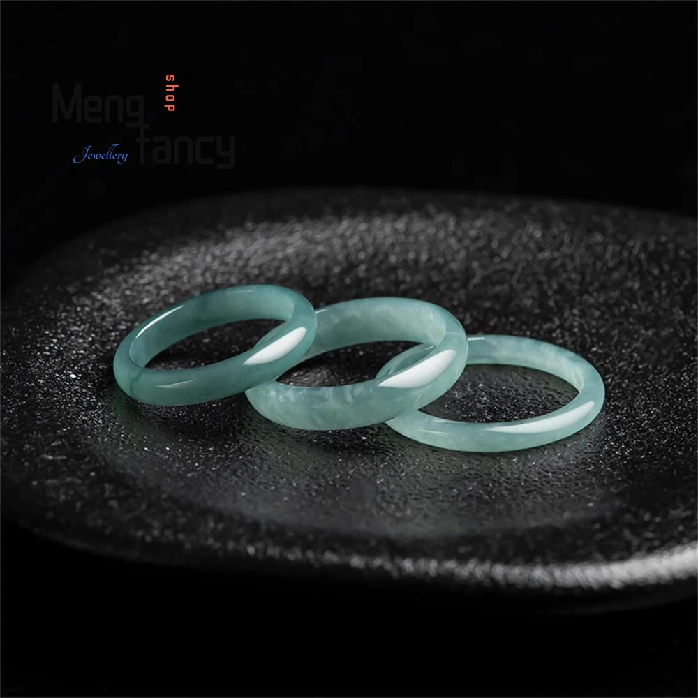 Natural Old Pit A Jadeite Blue Water Ice Jade Couple Promise Ring Exquisite Luxury Fashion Jewelry Wedding Souvenir Holiday Gift