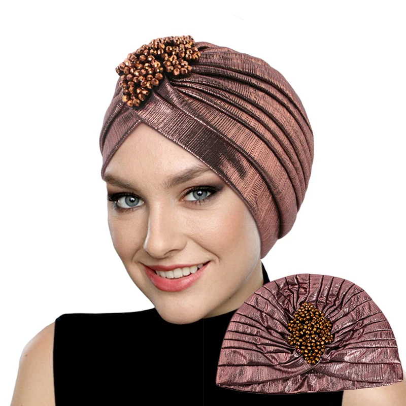 New Women Elegant Pleated RhinestoneTurban Hat Elastic Indian Head Wrap Chemo Bandana Hijab Headwear Muslim India Cap Turbante