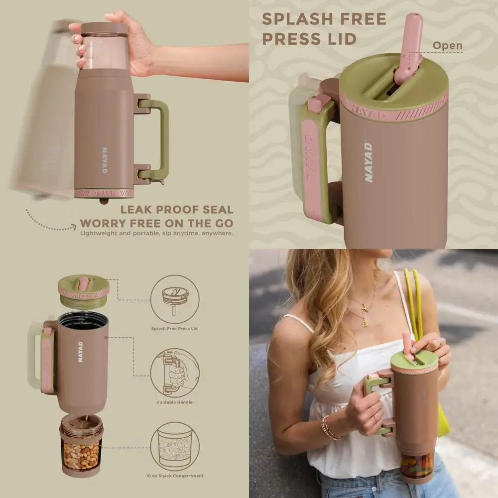 

Изолированный стакан из нержавеющей стали с откидной соломинкой, ручкой и чашкой для закусок на 10 унций — идеально подходит для путешествий, спортзала и ежедневного использования — светло-коричневый