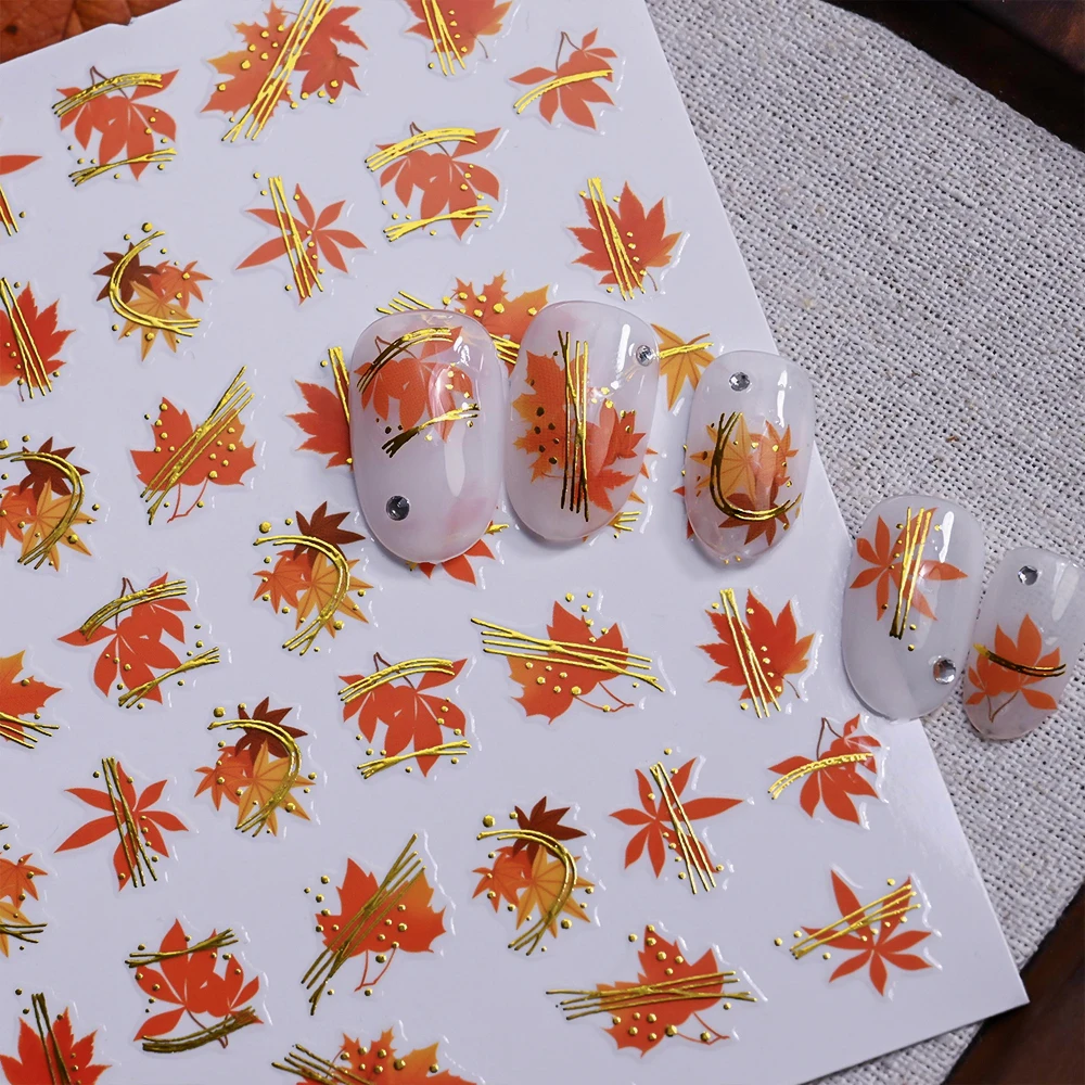 1Pcs 3D Bronzing Autumn Maple Leaf Nail Stickers Halloween Pumpkin Maples Nails Decals for Thanksgiving Day Manicure Decorations