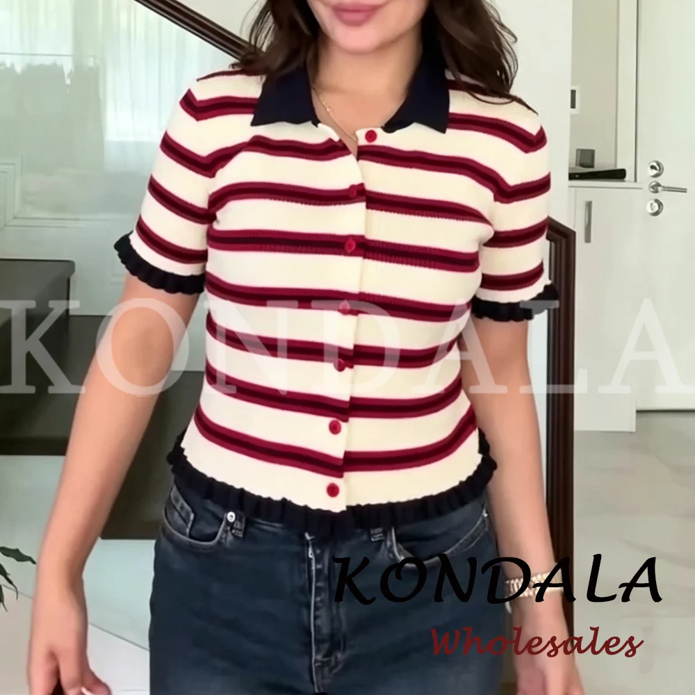 KONDALA Chic Fashion 2026 Autumn Red Striped Women Knitted Casual Polo Outwear Y2K Elegant Vintage Short Sleeve Female Sweater