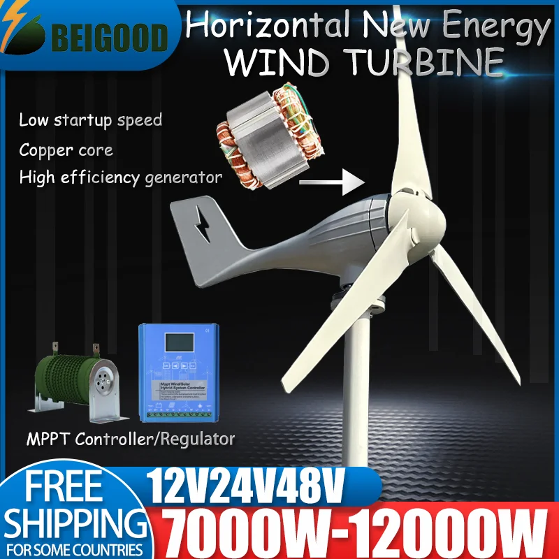 Low Noise Medium Windmill Household Camping Free Power New Energy Horizontal Wind Generator 7000W-12000W Turbine 12v 24V 48V