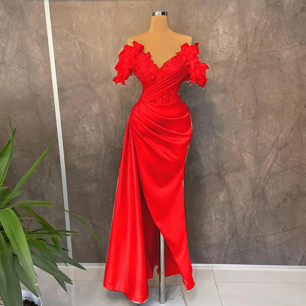 Roze Satijnen Veer Avondjurk Luxe Dames Party Mouwloze Kralen Sexy Prom Dress Mermaid Hoge Split Formele Gelegenheid Jurk