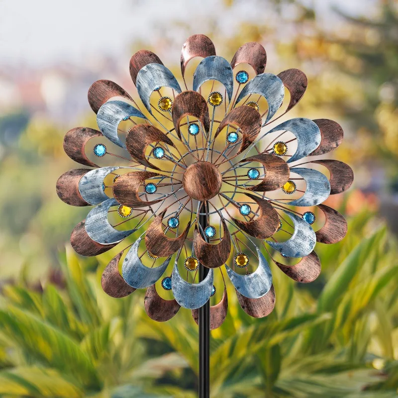 Multi Petal Metal Wind Spinner Stake Ornament Two Tone Sheet Inlaid Color Bead Outdoor Garden Lawn Floor Decor Craft Radial