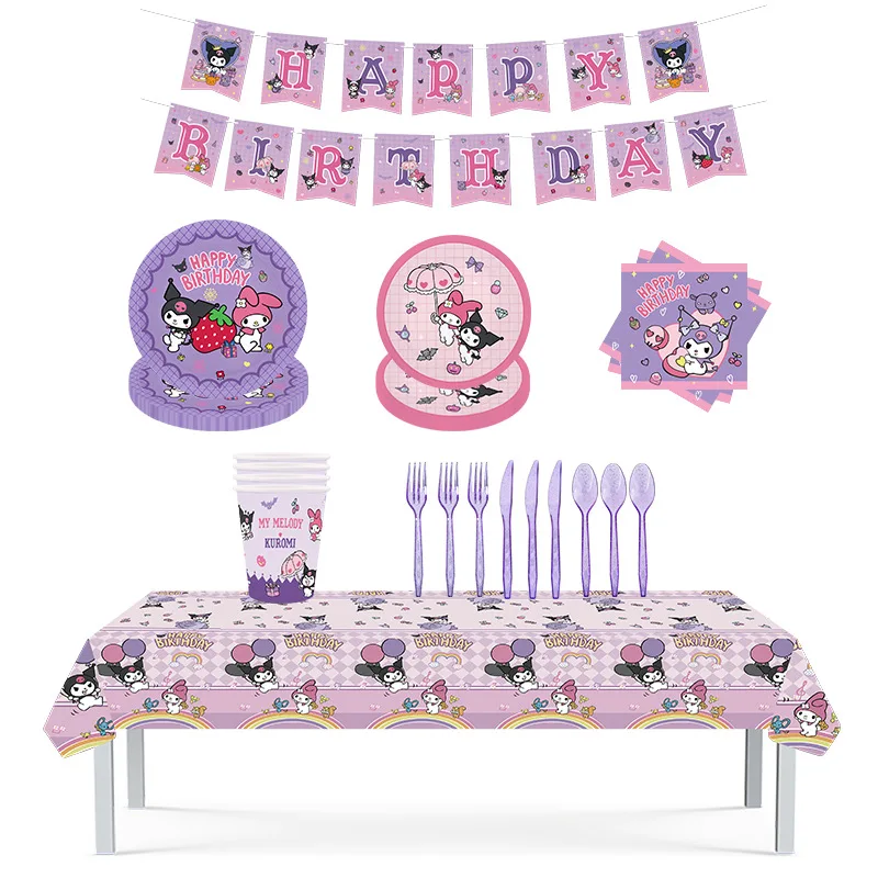 Cute Kawali Kuromi Theme Birthday Party Decoration Disposable Set Cartoon Tableware Plate Napkins Tablecloth For Party Supplies