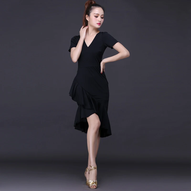 Large Size Latin Dress Dance Female Spring and Summer New Sexy Slim Short Sleeve V-neck Line Dance Clothing Lotus Skirt Dress