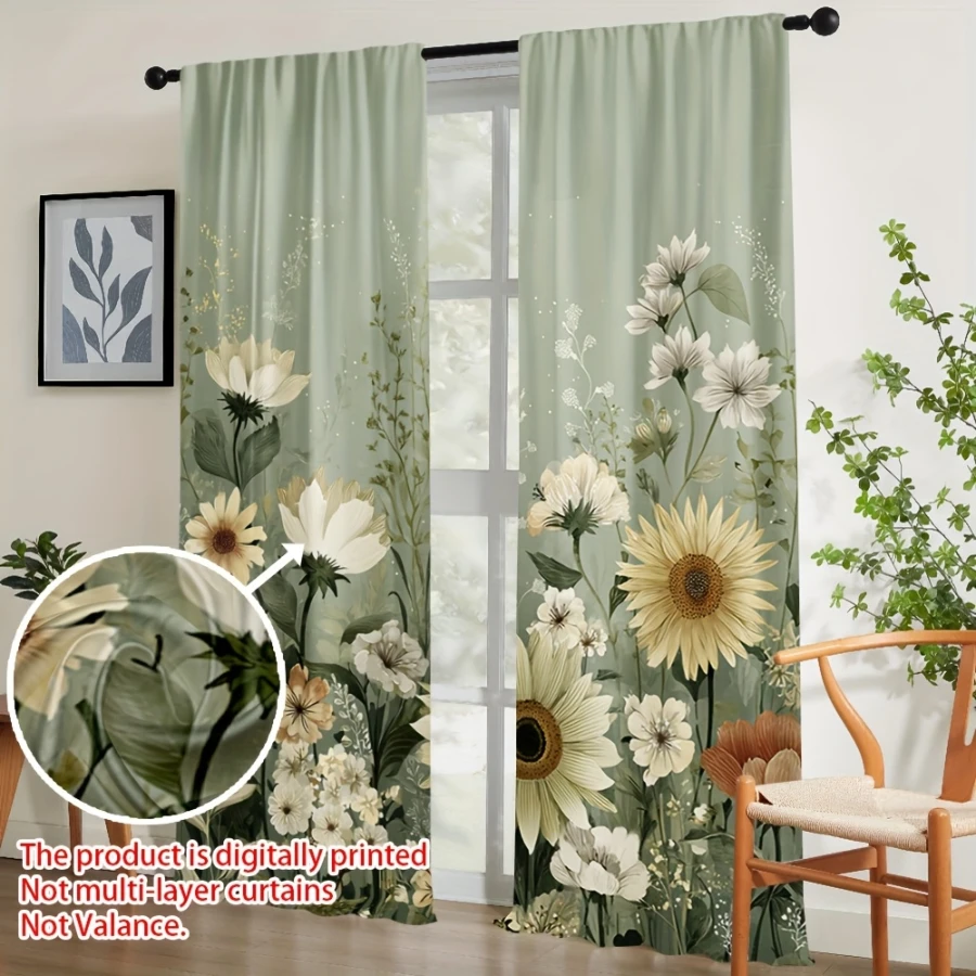 2PCS Digital Printed Curtains, Summer Green Flower Bushes Pattern, Stylish Window Treatment for Living Room Bedroom Decor