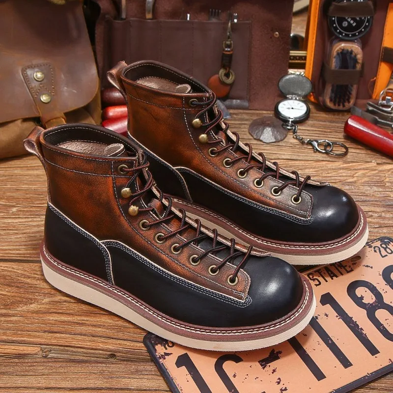 Vintage Mens Genuine Leather Boots Handmade Quality Comfortable 2024 Autumn Designer Platform Casual Business Social Shoes Man