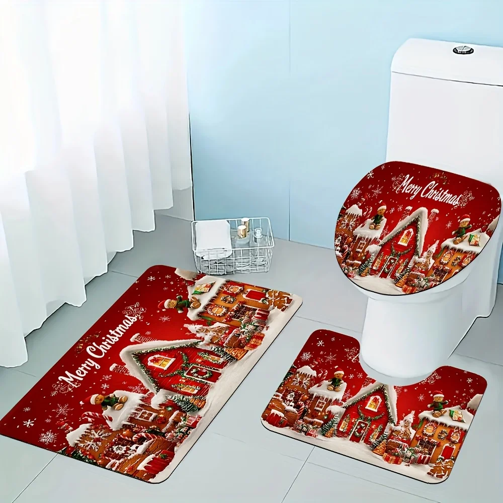 2D Flat Red Christmas Gingerbread House Bathroom Mat Set, 3pcs, Snowflake Merry Christmas Pattern, Home Decor for Bathroom