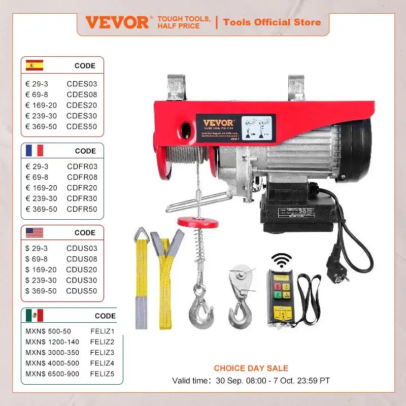 VEVOR 880 lbs Electric Hoist Electric Steel Wire Winch with Wireless Remote Control for Garage Warehouse Factory Cleaner Sale