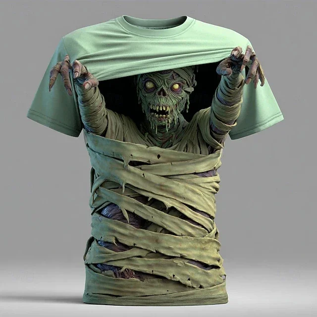 

2026new Men's short sleeve t-shirt, 3D zombie skull pattern, summer, outdoor, casual, horror pattern, children's tops