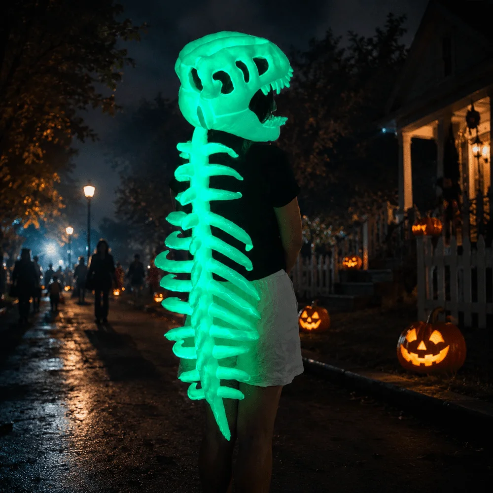 Luminous Dinosaur Skeleton Mask Headgear Glow in The Dark 3D Dinosaur Bone Head Hat Creative 75/116CM Dinosaur Costume