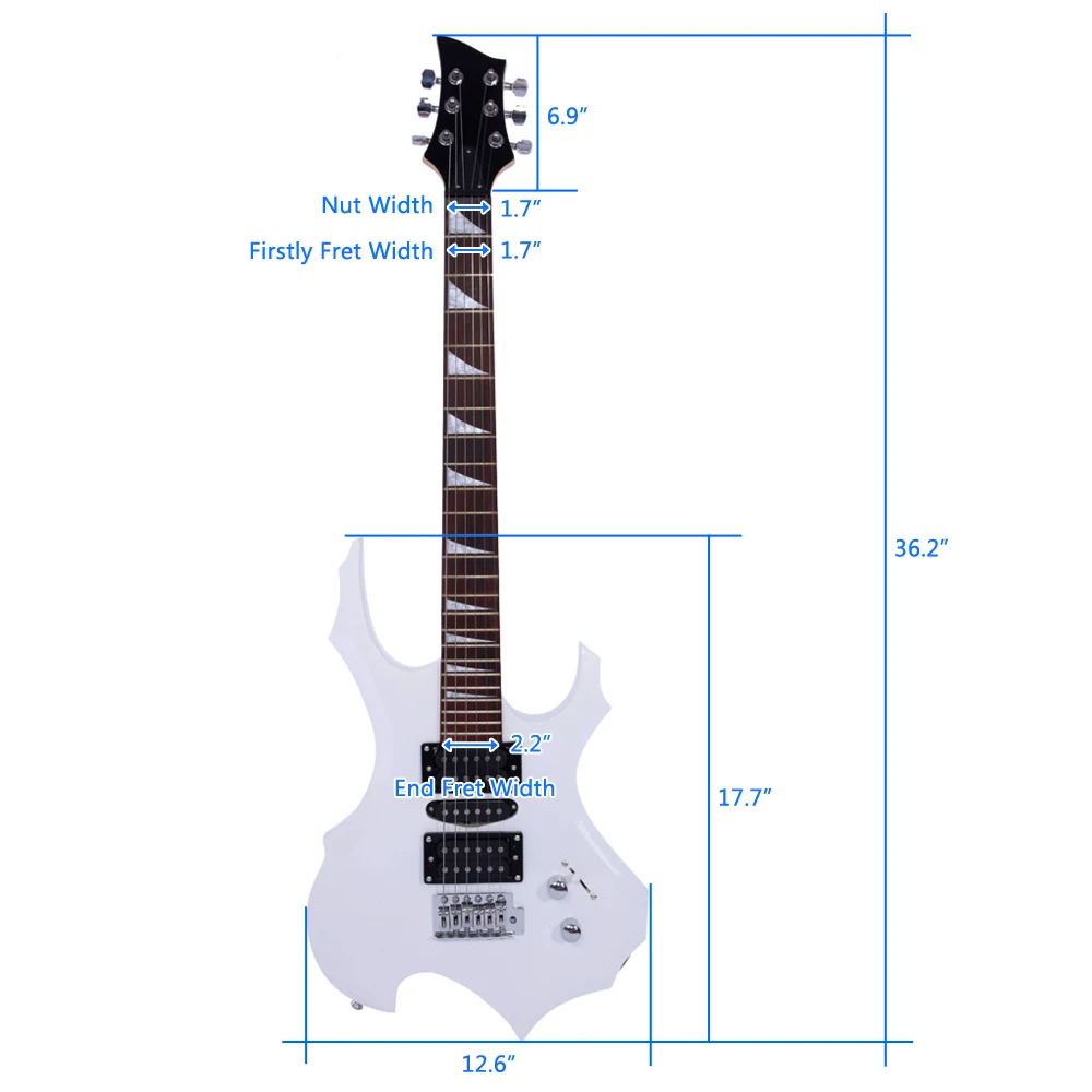 Novice Flame Shaped Electric Guitar HSH Pickup Bag Strap Paddle Rocker Cable Wrench Tool White