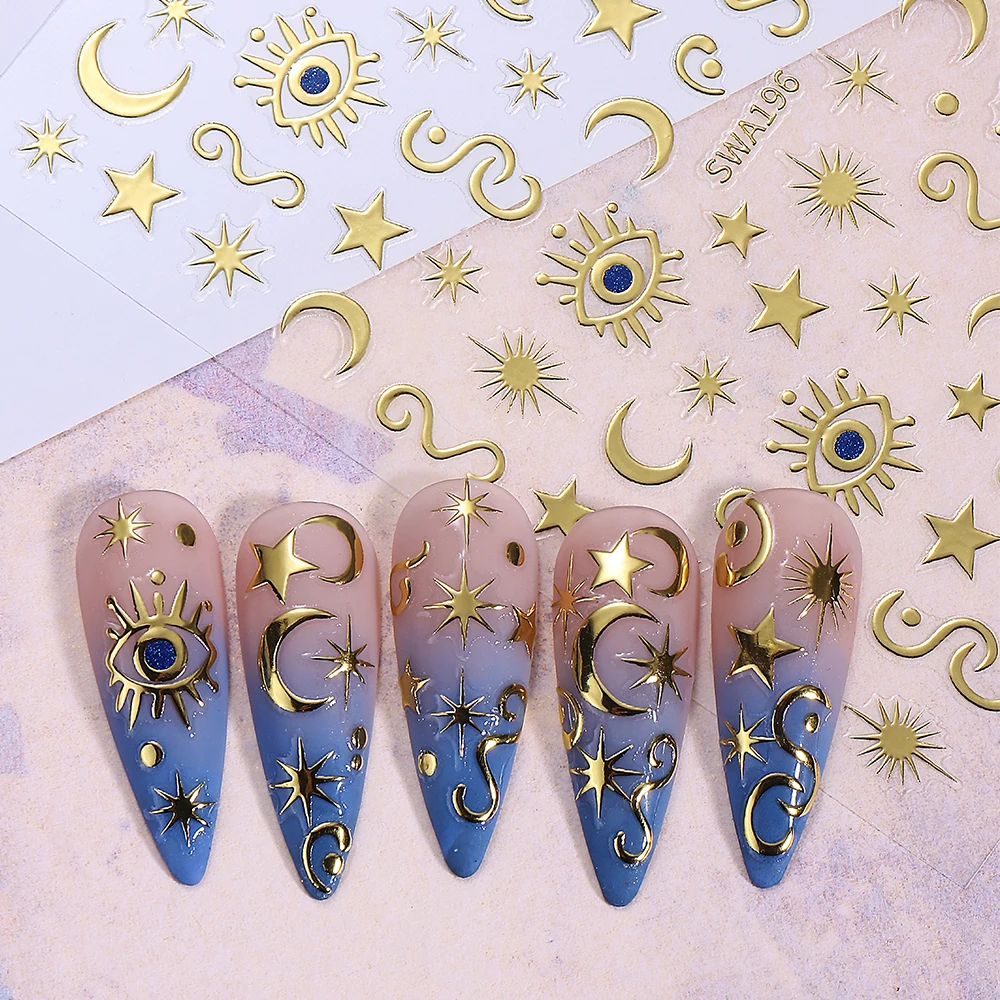 2/3 Stück Bohemian Style 3D Nagelkunst-Aufkleber Gold Silber Holographische Böse-Augen Nagelsticker Stern Mond Aufkleber DIY Nageldekoration – Detail 4