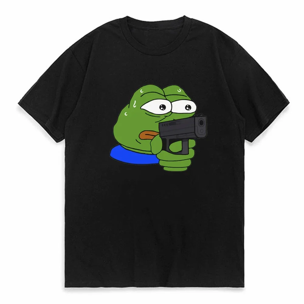 

Green Frog Who Loves Drinking Strawberry Flavored Milk Tshirts Women Soft Cool T-Shirt The Frog With Gun men tshirt