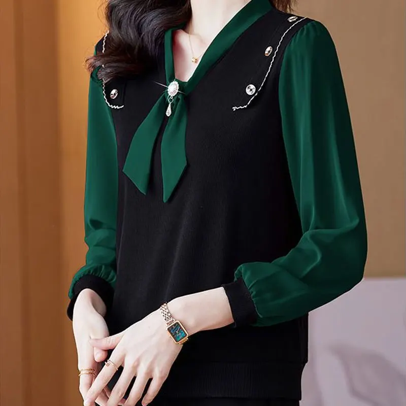 Stylish V-Neck Bow Slim Shirt Female Clothing Contrasting Colors Patchwork 2024 Spring Autumn Button Commute Long Sleeve Blouse