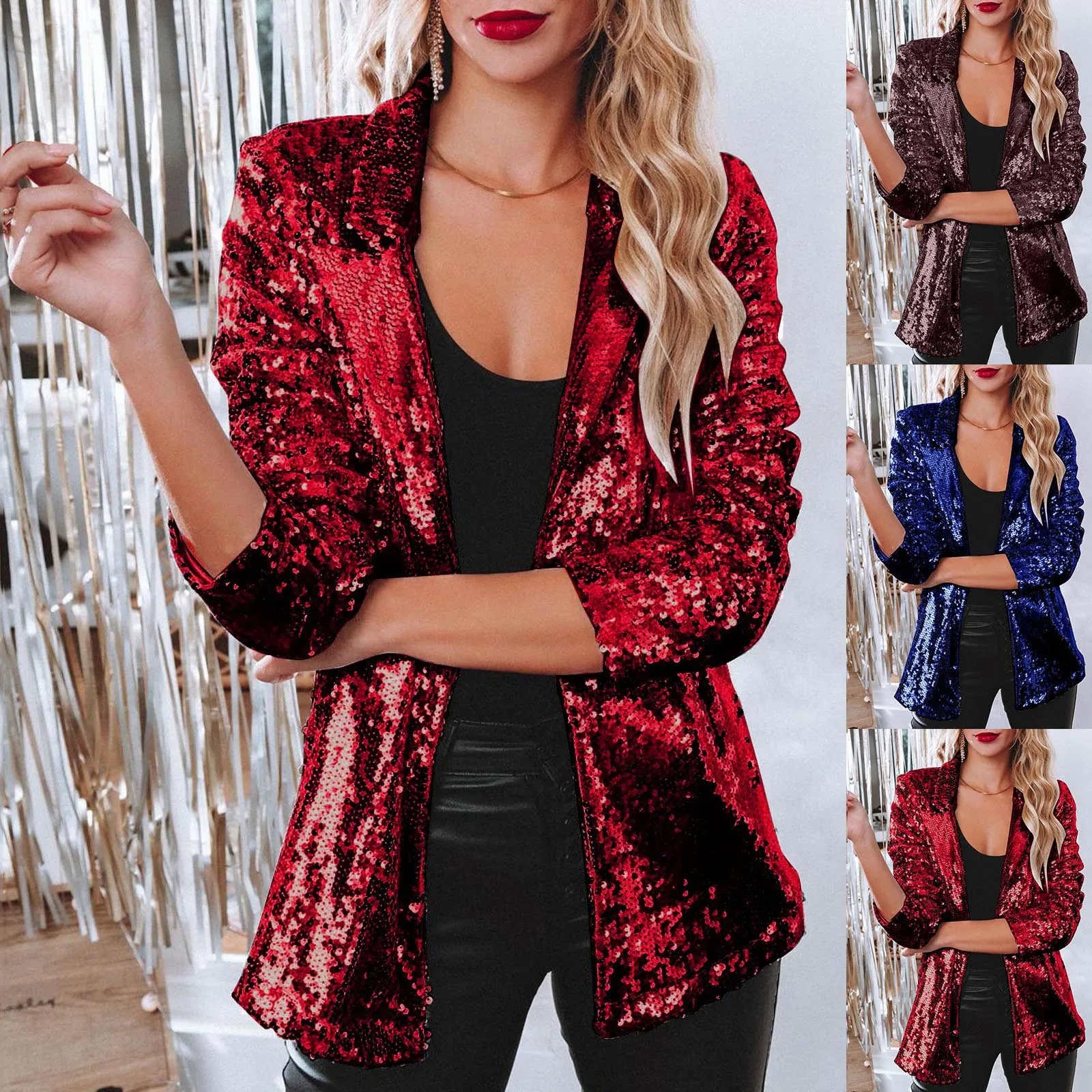 Streetwear Women Shiny Sequin Jacket Y2k Clothes Red Lapel Blazer Long Sleeve Rave Party Coat Autumn