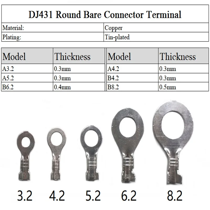 DJ431 Ring Crimp Terminals Electrical Wire Connectors Round Ferrule Lugs For Quick Splicing Cables