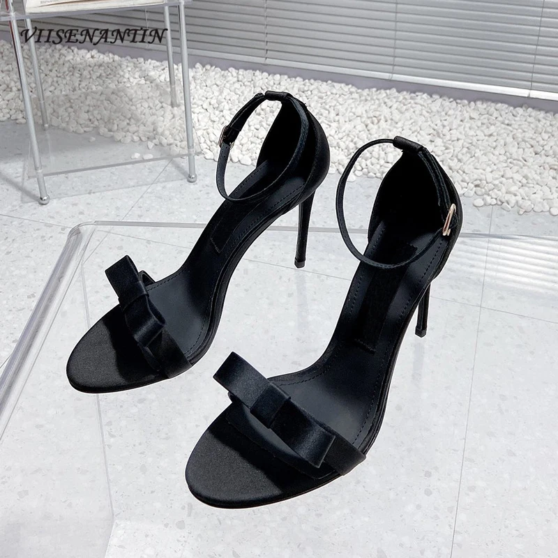 

Silk Leather Shoes Women Summer Sandal 10.5cm Super High Heel Butterfly Knot Ankle Strap Sexy Lady Party Wedding Stilettos Shoes